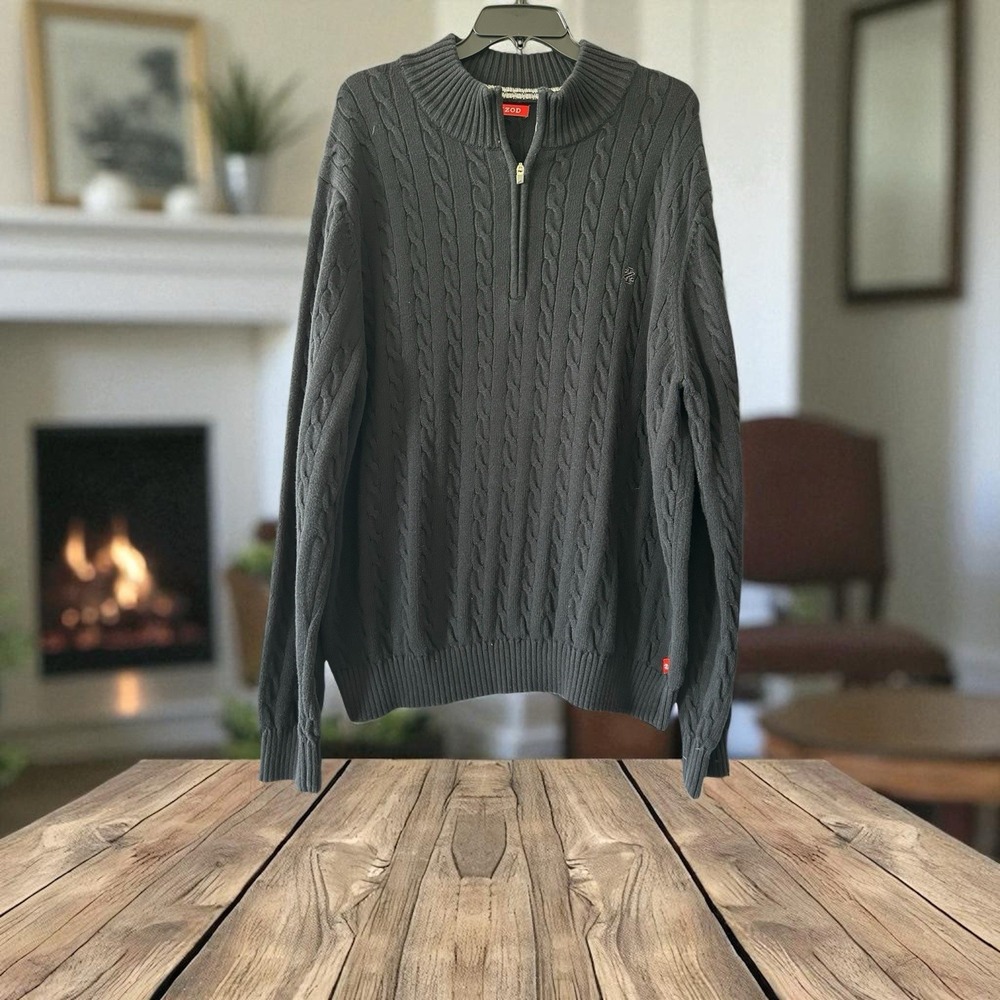 Izod Sweater‎ Mens XXL Navy Chunky Pullover Cotton 1/4 Zip Cable Knit Fisherman